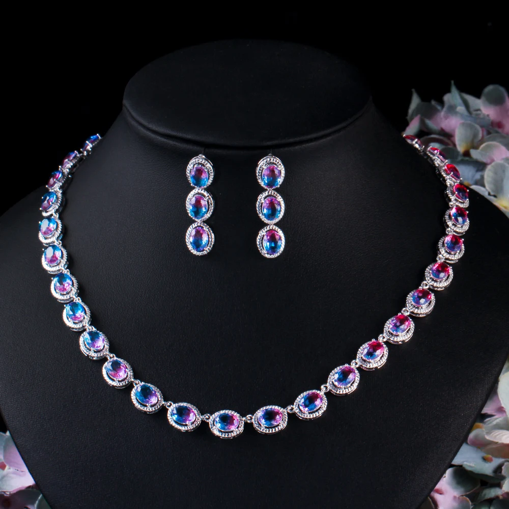 CWWZircons Beautiful Rainbow CZ Mystical Stone Round Drop Women Party Necklace Earrings Fashion Bridal Wedding Jewelry Sets T520