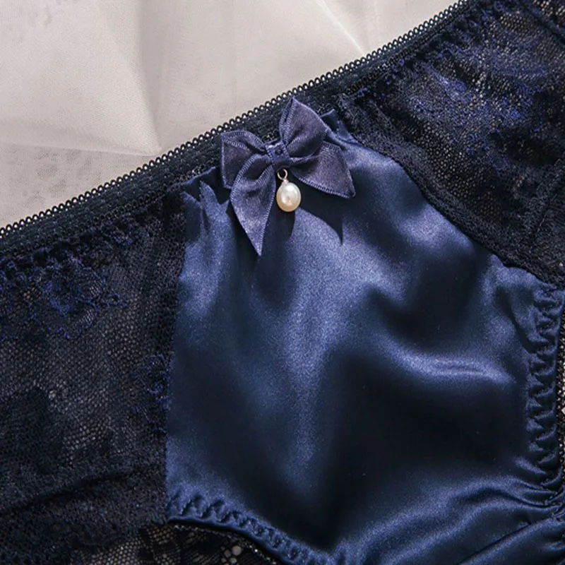 2023Pearl bow lace stitching women\'s panties, soft and shiny satin panties, transparent seamless cotton crotch underwear panties