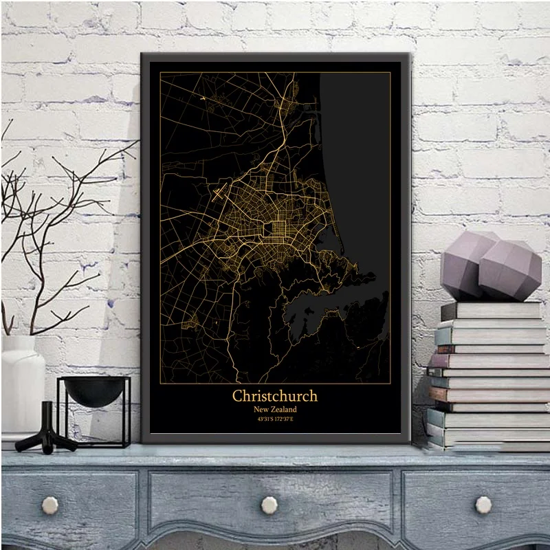 Christchurch New Zealand Black&Gold City Light Maps Custom World City Map Posters Canvas Prints Nordic Style Wall Art Home Decor