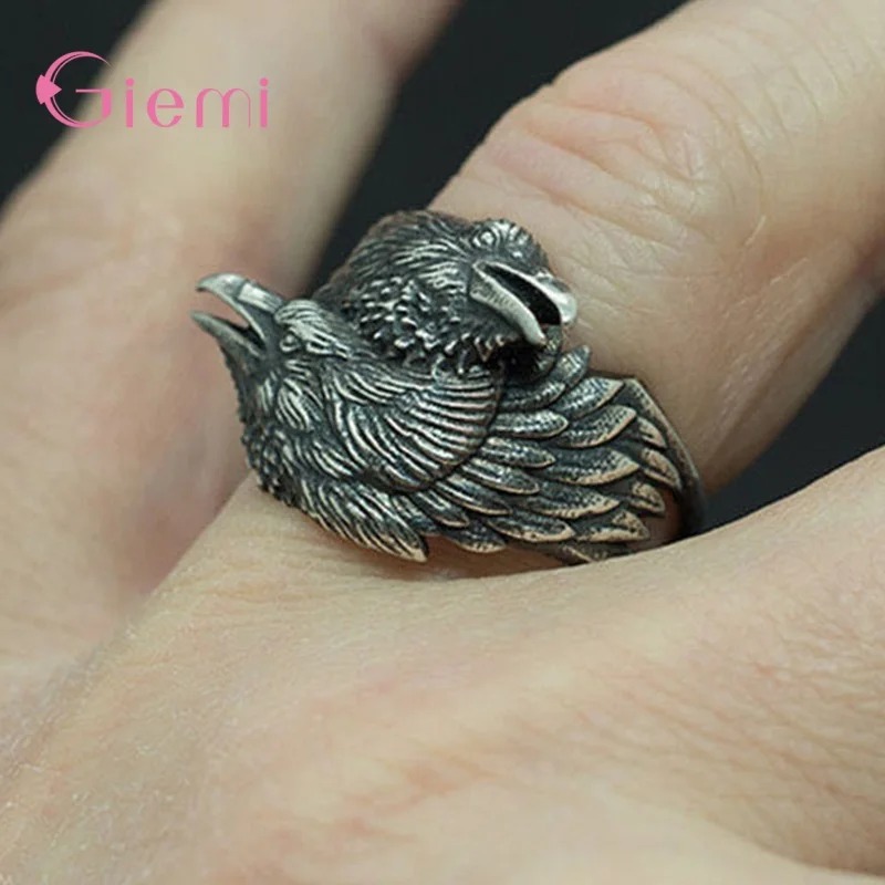 Vintage Two Ravens Norse Mythology Antique Silver Color Crow Rings Nordic Amulet Jewelry Party Gifts Men Women Bijoux