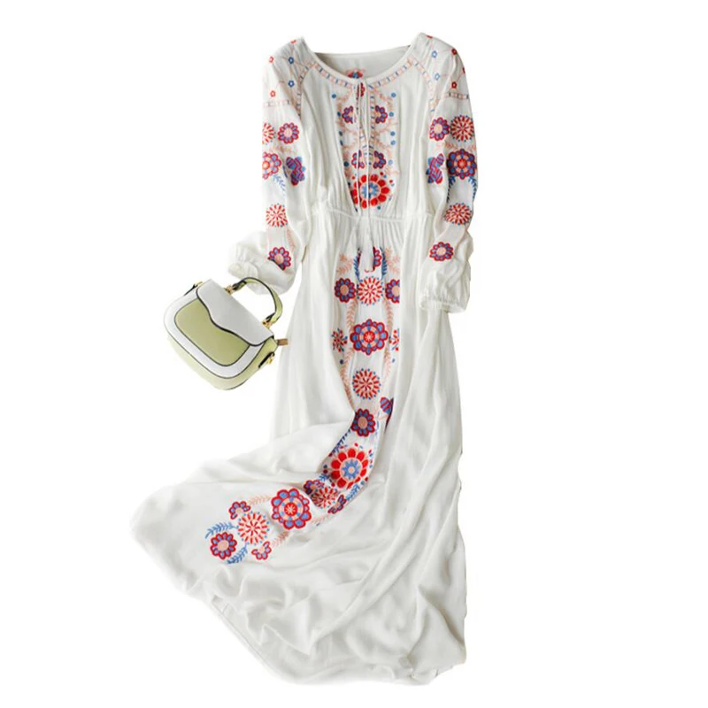 

Women Christmas Party dress Cotton Linen Dress Women Home Casual Holiday Embroidery White dress Long Sleeves Loose Dresses Lady