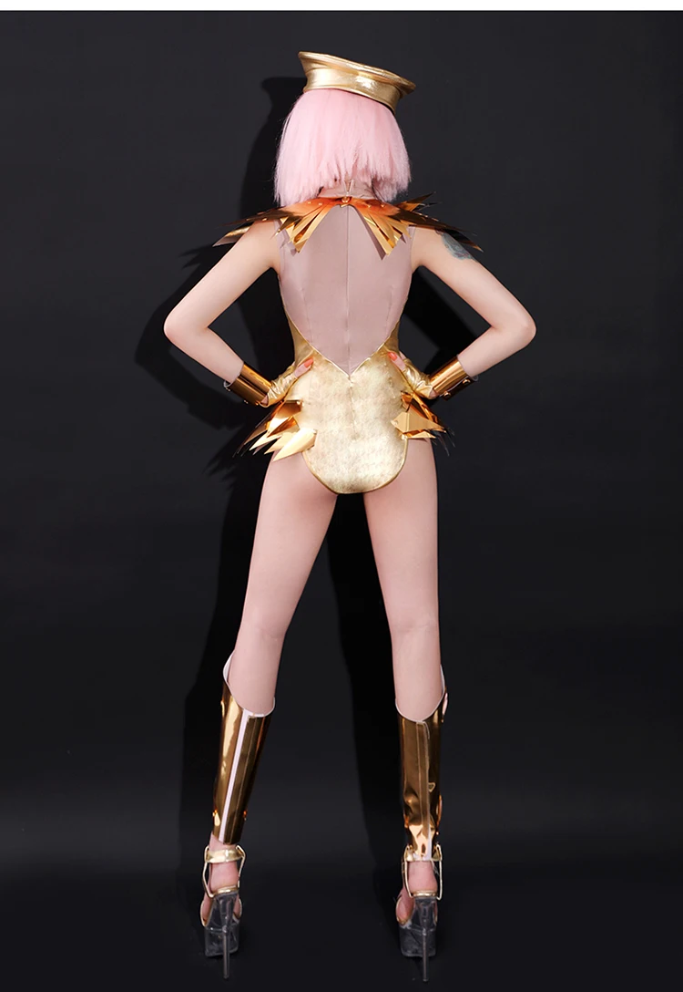 Gold Mirror Bodysuit Hat Outfit Women Show Fashion Stage Wear Bar Nightclub DJ Singer Lead Dancer Team Sexy Performance Costume