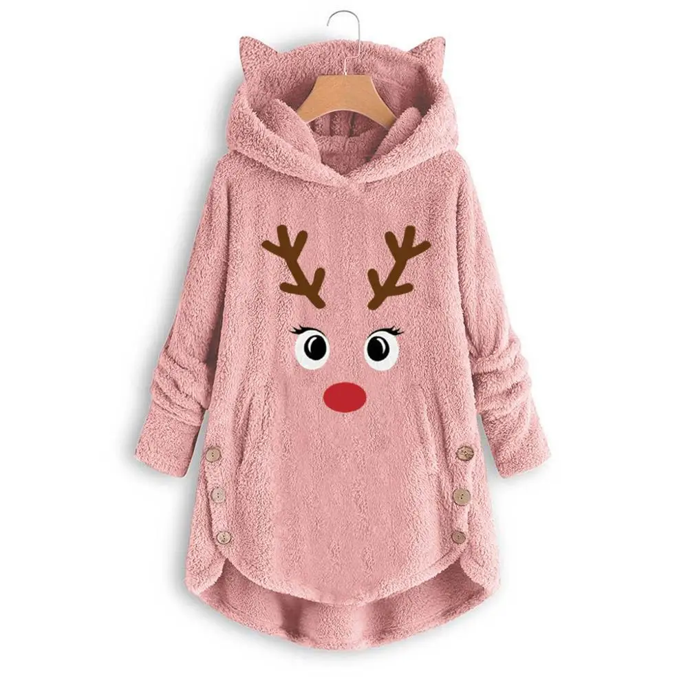 New Fashion Women Printed Cat Ears Hooded Large Size Long Sleeve Button Sweater Warm Pullover Christmas Casual Tops Sweaters