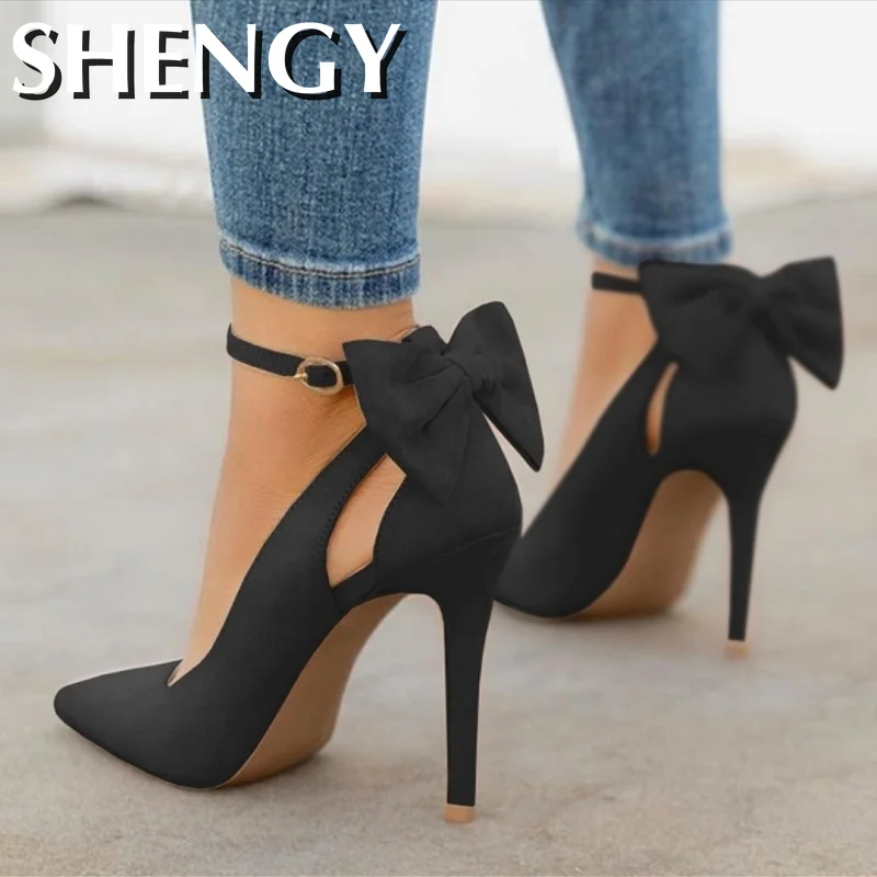 SHY Bow Pumps Women High Heels Pointed Toe Stiletto Pumps Sexy Party Woman Black Wedding Shoes Zapatos Mujer Dropshipping