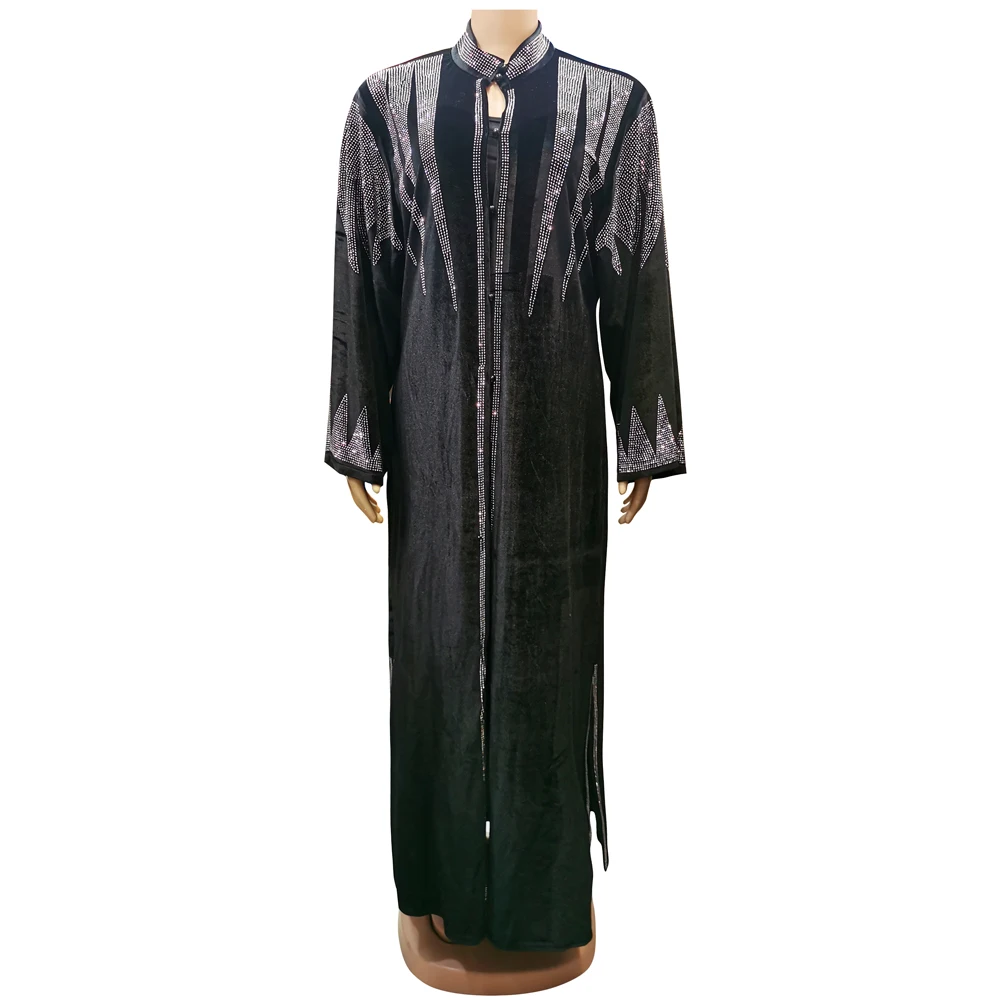 Muslim Kaftan Abaya Dress Women Stand Neck Diamonds Button Pleuche Coat Dress Elegant African Boubou without Lining