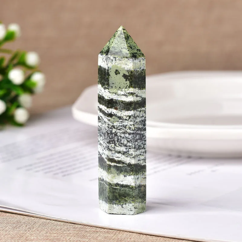 1pc Natural Stone Crystal Point Green zebra stripes Healing Obelisk Quartz Wand Ornament for Home Decor Reiki Stone Pyramid