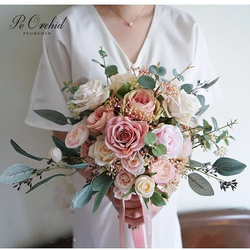 

PEORCHID Fall Wedding Bouquet Artificial Rose Bride Holding Flowers Vintage Morandi Dusty Pink White Flowers Bridal Hand Bouquet