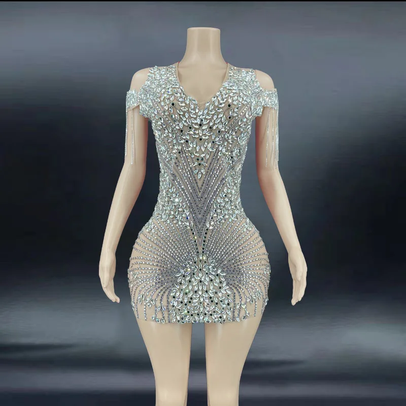 

Silver Rhinestones Transparent Skirt Pink Back Birthday Evening Celebrate Costume Dancer Stretch Dance Singer Performance Outfit