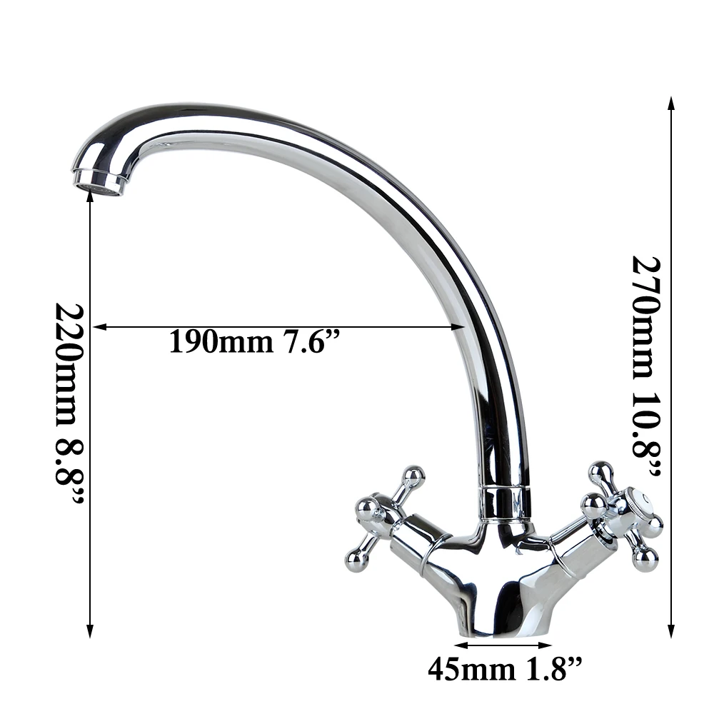 JIENI 360 Swivel Chrome Brass Kitchen Faucet 2 Handles Stainless Steel Stream Spout Kitchen Sink Tap Hot & Cold Water Mixer Tap