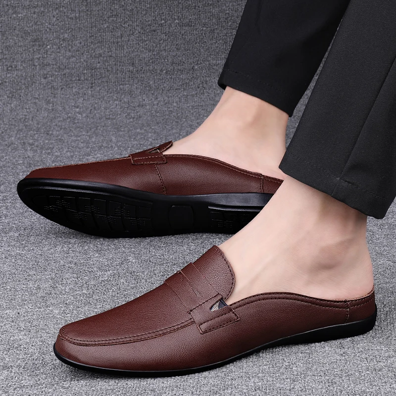 Man New Fashion Cow Split Casual Half Shoe Male Breathable Backless Loafer Half Footwear Hombre Open Back Leather Comfy Mocassin