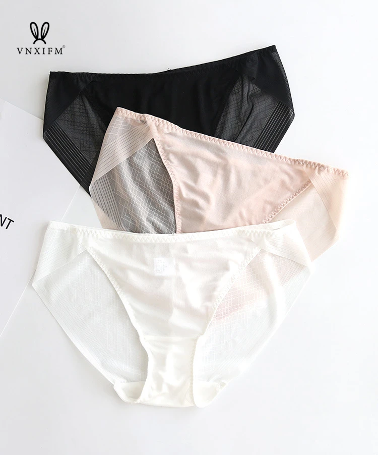 summer pure color mulberry silk ultra-thin panties soft skinny sexy briefs vertical stripes lace transparent mid-waist pantise