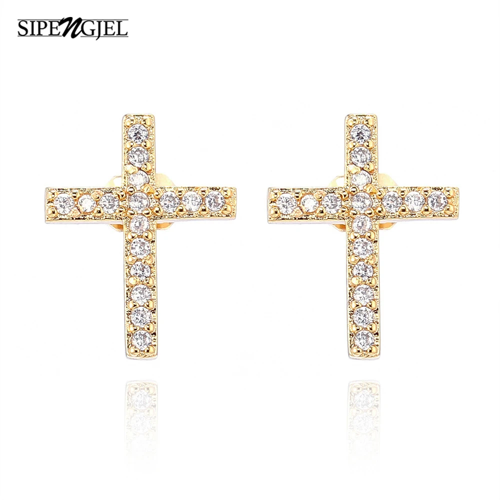 SIPENGJEL New Vintage Cross Women Earrings Dazzling Crystal Zircon Stud Earrings For Women Punk Hip Hop Jewelry 2022