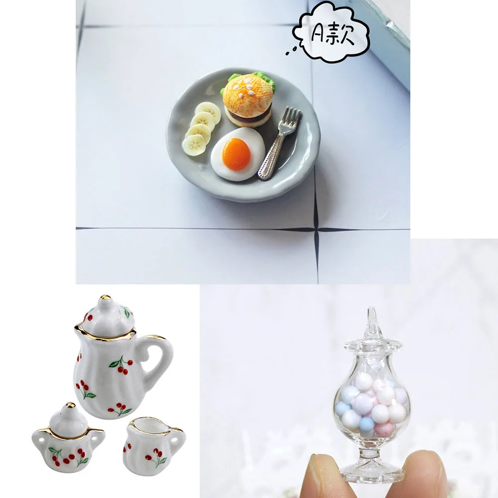 

1:12 Dollhouse Candy Jar Cherry Tea Set Hamburger Dish Breakfast Ornaments Tiny Size Product For Ob11 Doll