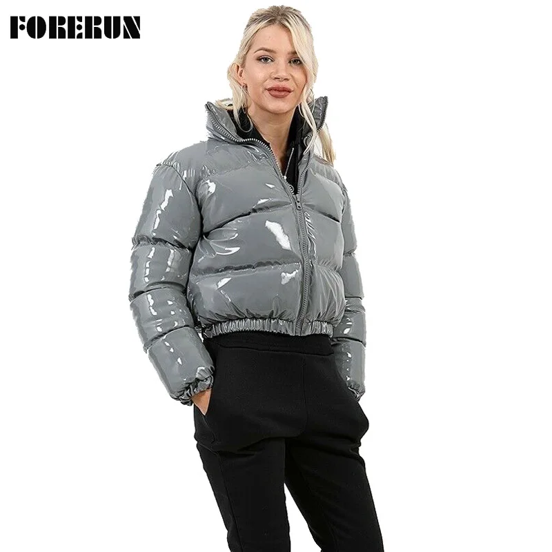 FORERUN Women Winter Coat PU Short Orange Puffer Jacket Bubble Fashion Glossy Shiny Cotton Padded Standard Collar Warm Outwear