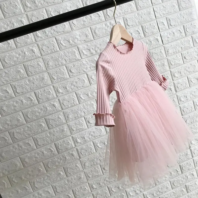 

Baby Girls Dresses Spring Autumn Long Sleeve Knit Patchwork Pink Kids Gauze Dress Cute Fashion Girl Skirts Wild Children Clothes