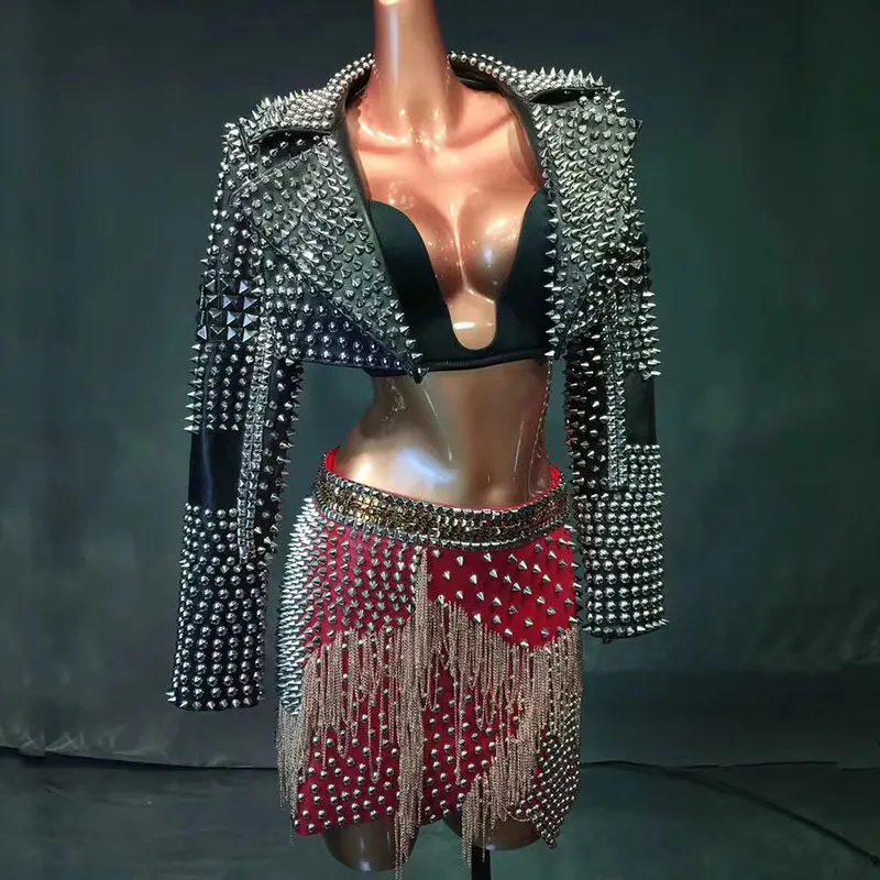 Punk Rivets Chain Tassel Female Singer Costume Women jacket Bra skirt  Nightclub show singer dance Costume