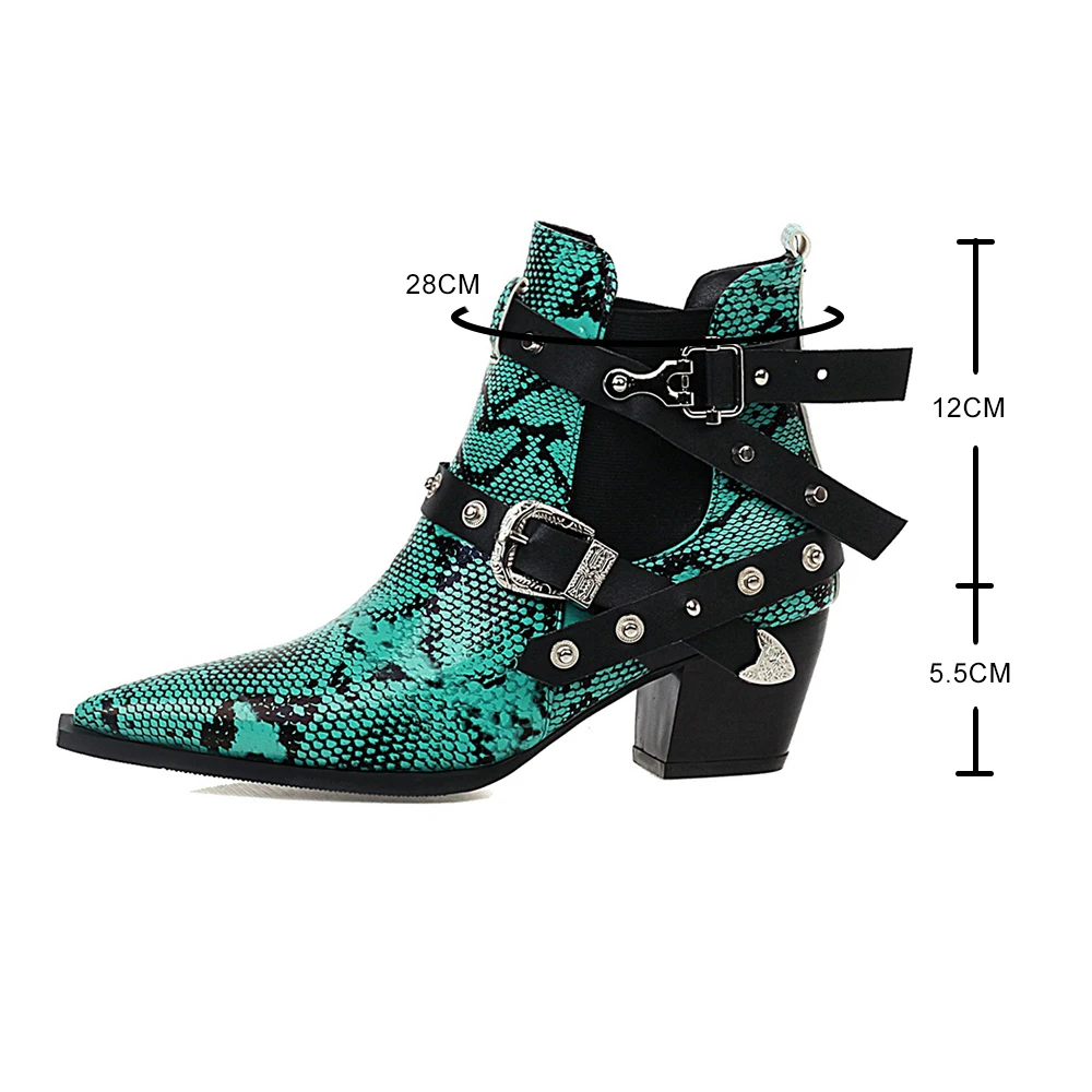 Western Cowboy Boots Women Snake PU Leather Short Cossacks High Heels Cowgirl Booties Buckle Ankle botas Shoes 2023 Motorcycle