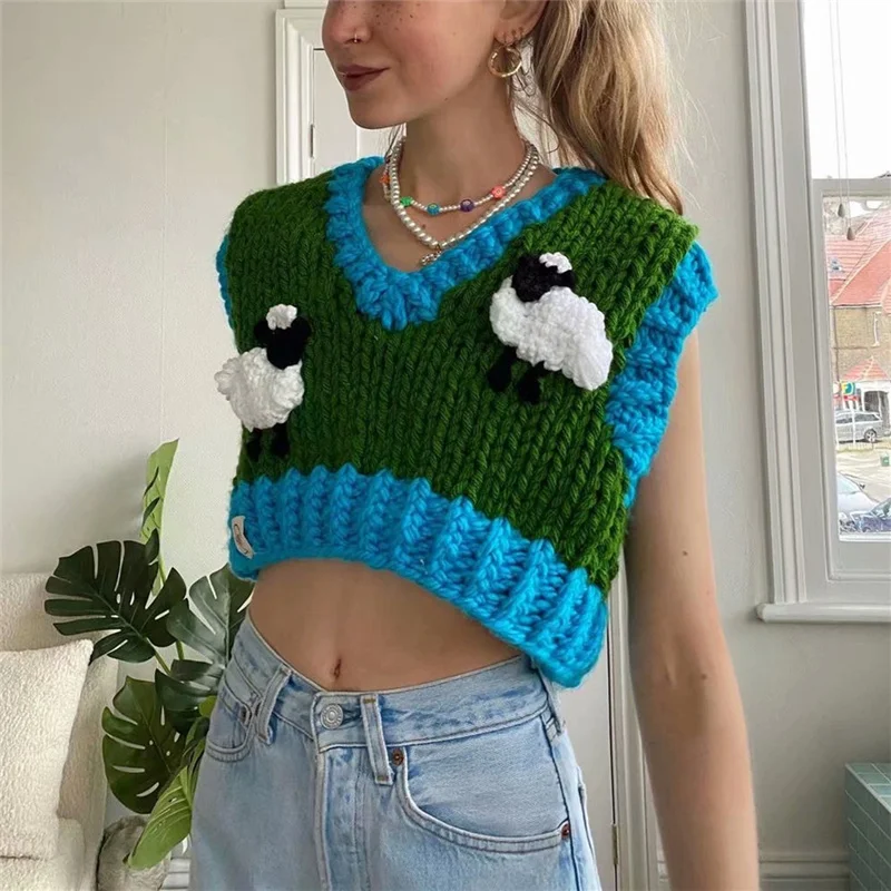 Girls Y2K Green Patchwork Knitted Short Vest 2021 Spring Cute V Neck Cropped Knitwear Female Fashion Crochet Vests