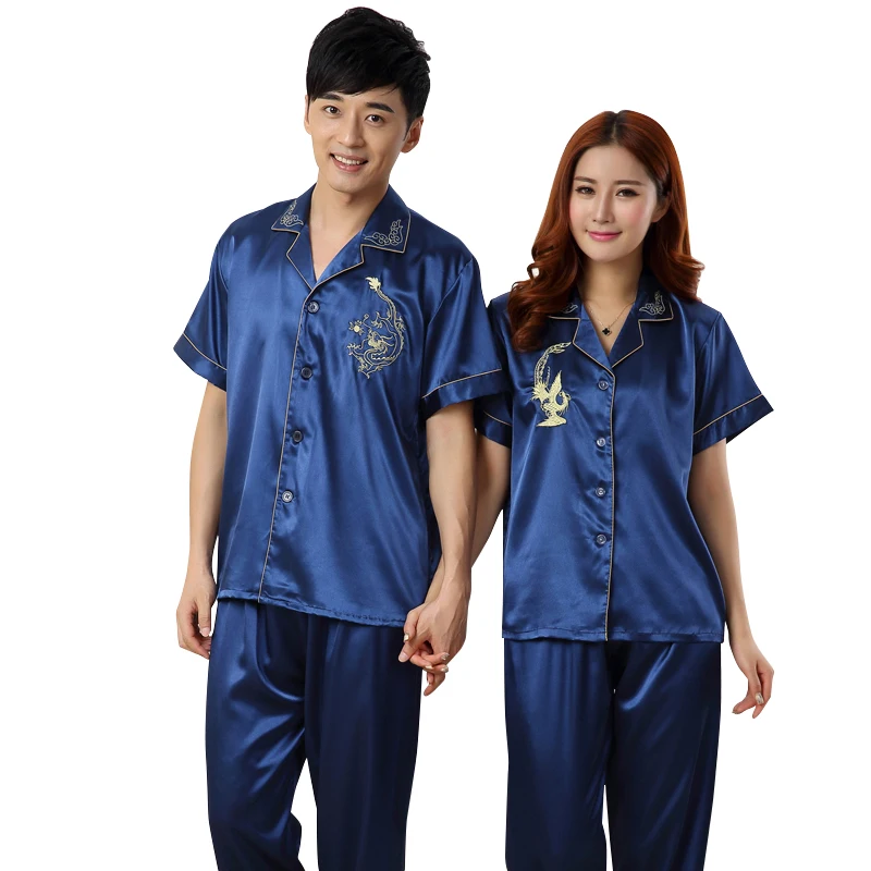 Summer Silk Couple Pajamas Short Tops+Long Pants Two Piece Set Pyjamas Loose Casual Soft M-3XL Lovers Homewear Clothes