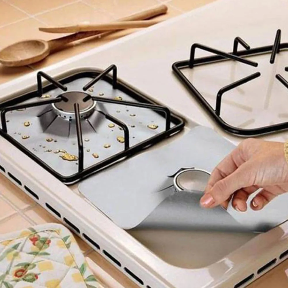 

4pcs ​Gas Stove Mat Reusable Gas Stove Burner Cover Protection Mat Kitchen Gadgets Black Silver