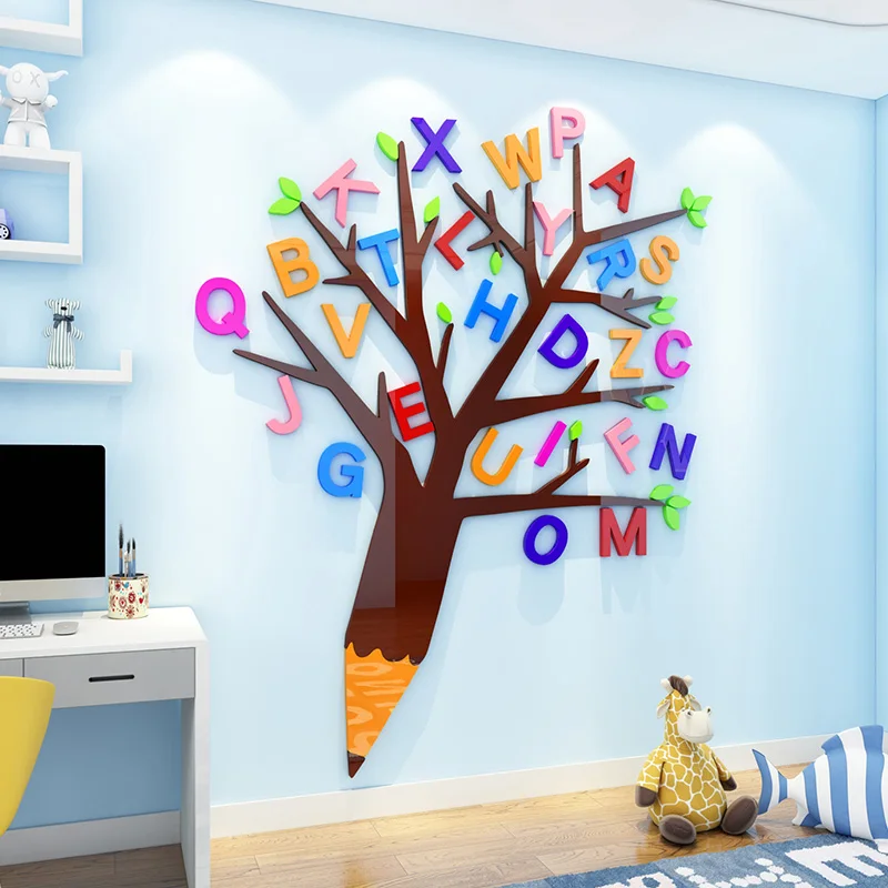 3D Letters Tree Wall Sticker Decorative Children Room Kindergarten DIY Cartoon Wall Stickers Decals Wallpaper S/M/L Kids Gift