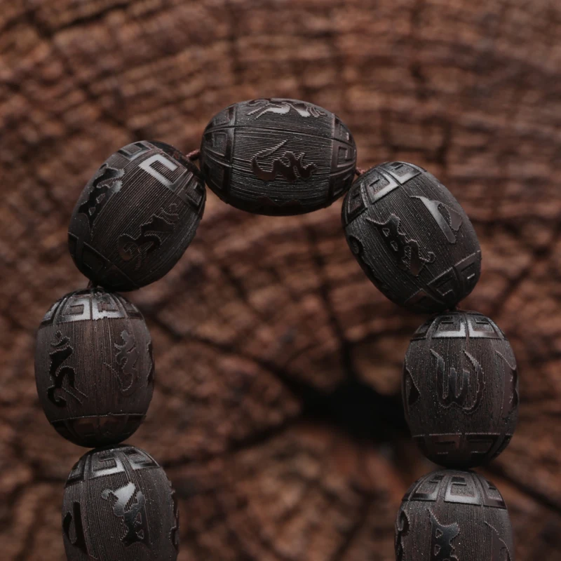 Natürliche Ebenholz Armband Olive Förmigen Schwarzen Holz Tibetischen Buddhistischen Perlen Sechs-Charakter Mantra Glück Armband – Detail 9