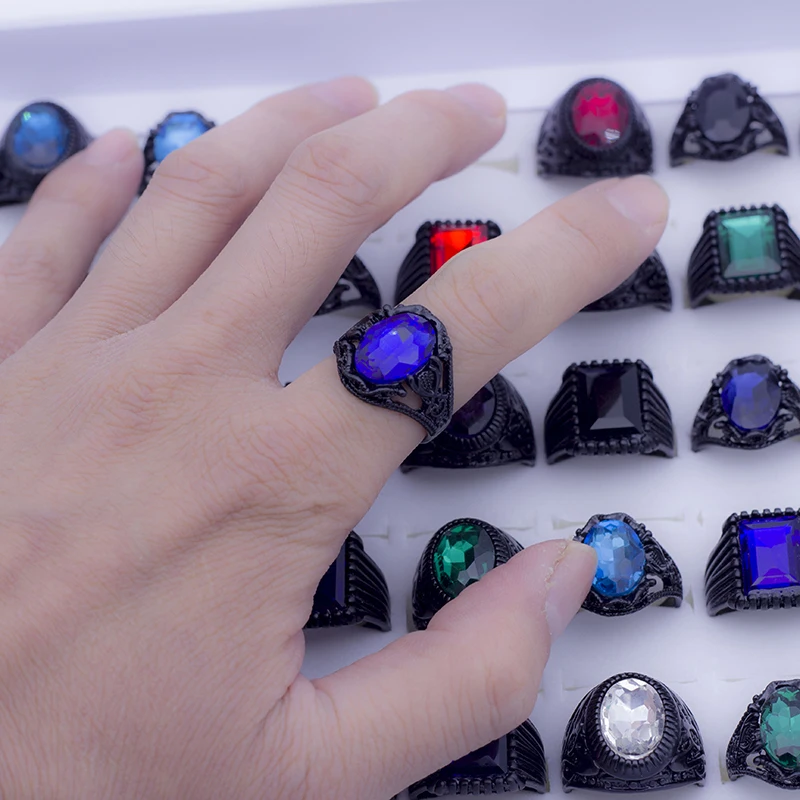 Wholesale Bulk Lot 20pcs Glass Gem Metal Black Not Fade Jewelry Rings For Men Women Mix Style