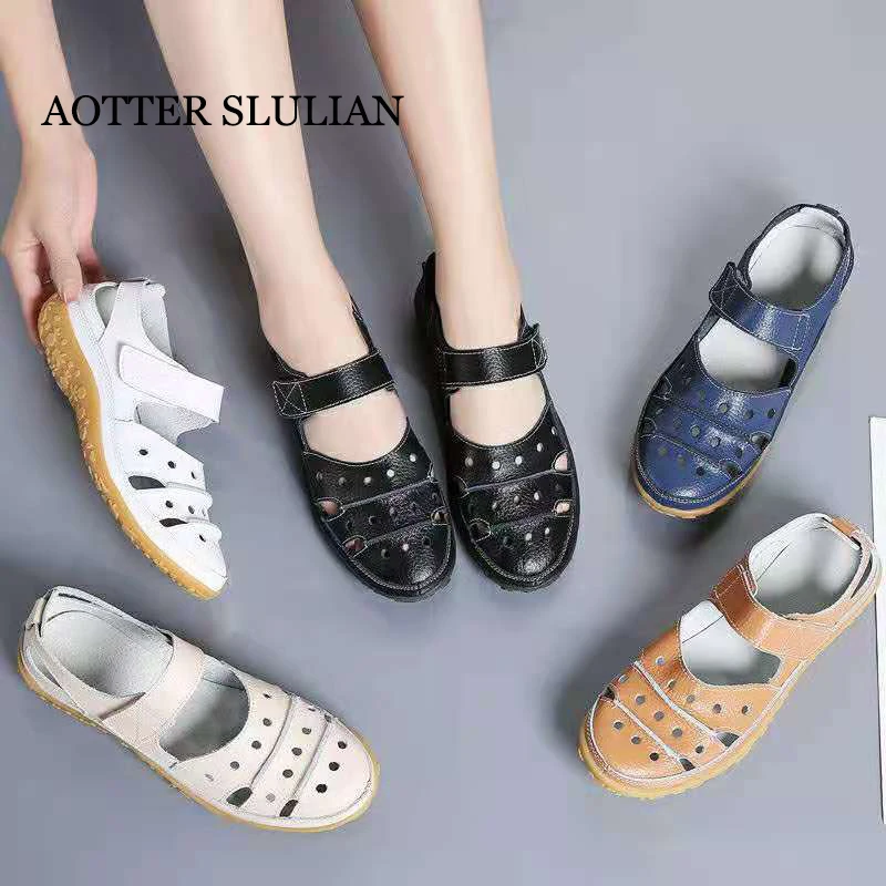 

Leather Sandals Women Ankle Hollow Round Toe Sandals Lady Soft Beach Sandals Walking Flat Shoe Fashion Female Breathable Sneaker