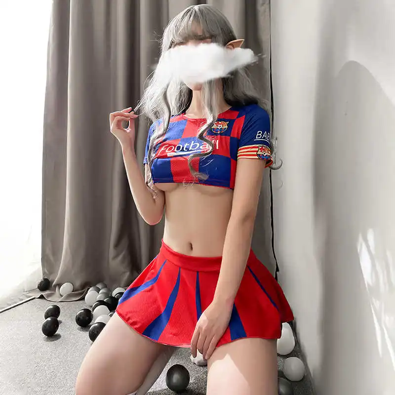 2024 New Sexy Lingerie Dynamic Football Baby Split Cheerleading Uniform Contrast Short Sleeve And Hip Pleated Print Skirt Suit