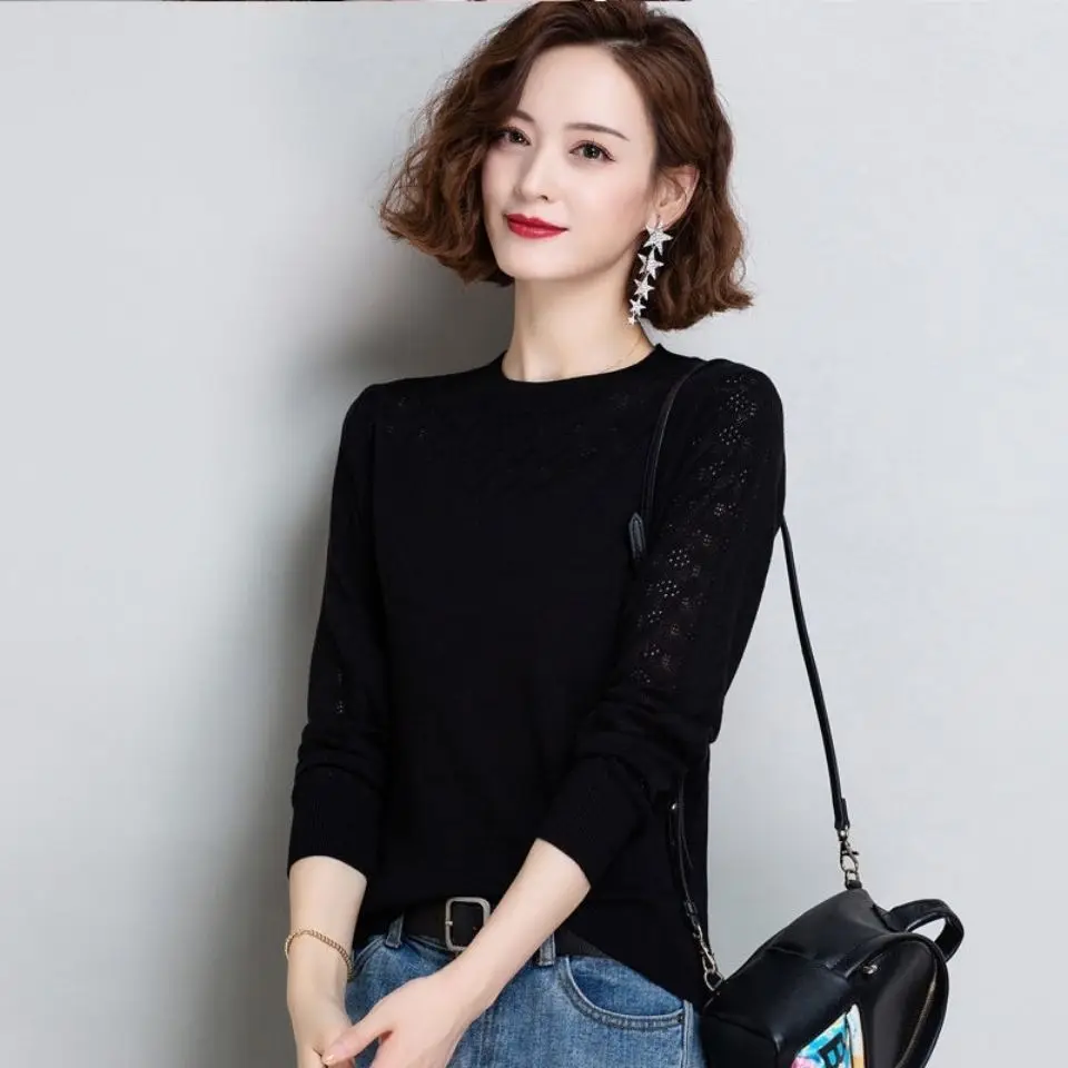 Hollow Thin Knitted Top Long-sleeved Women\'s Spring Bottoming Round Neck Pullover Sweater 2021 New Solid Tees Shirt