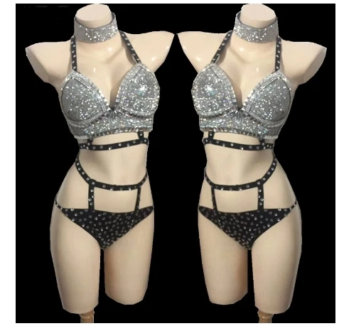 

Full Diamond sexy Bikini suits silver Crystals female singer DJ DS costumes nightclub Bar dance performance stage wear show