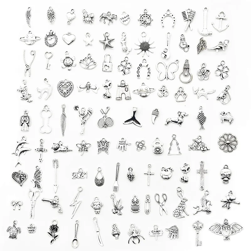 100pcs Tibetan Silver Mixed Animal Leaf Key Crown Charms Alloy Metal Pendants For DIY Handmade Jewelry Accessaries Making