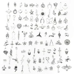 100pcs Tibetan Silver Mixed Animal Leaf Key Crown Charms Alloy Metal Pendants For DIY Handmade Jewelry Accessaries Making