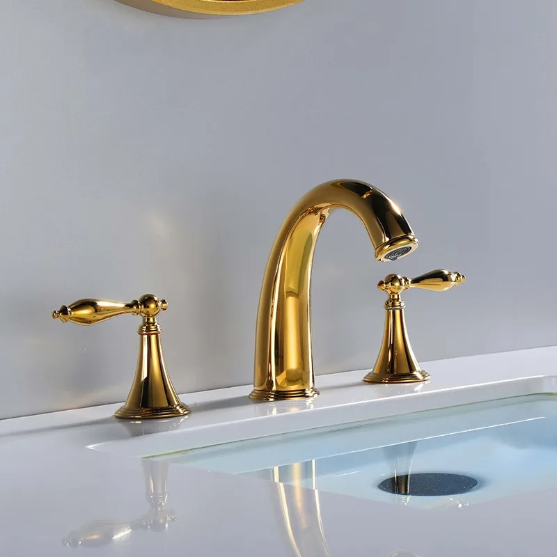 Gold brass bathroom sink faucet luxury Golden three holes two handle basin mixer faucet cold hot water high quality faucet