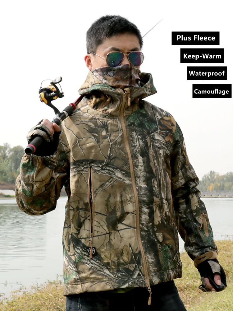 Wind Waterproof Outdoor Tactical Hiking Jacket Tree Bionic Camouflage Hunting Jacket Coat Softsell Fishing Hoodies With 6 Pocket