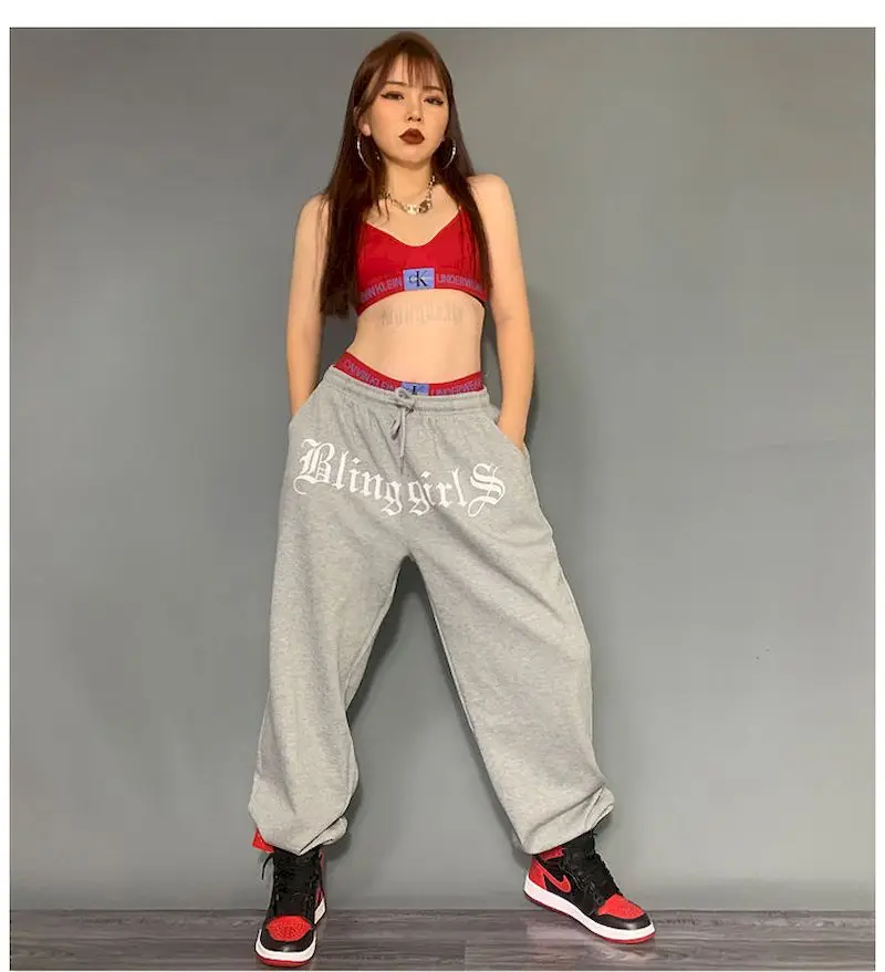 2024 Spring Summer New Women\'s Pants Gray Casual Sports Pants Hip-hop Gray Beam Guard Trousers Loose Hip-hop Trousers Printing