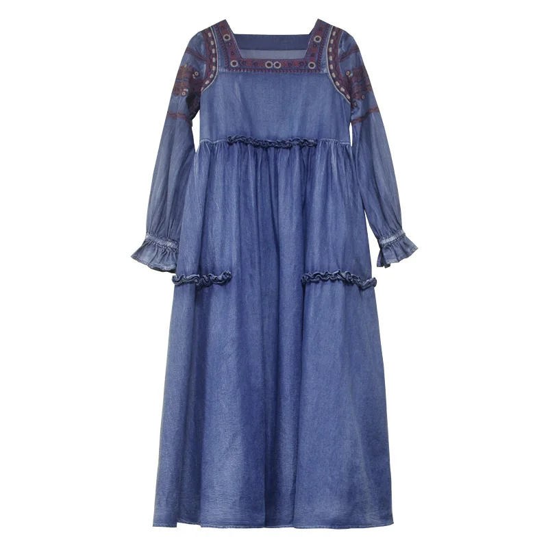 Yuzi.may – robe en Denim pour femme, vêtement ample, style Boho, col carré, manches évasées, broderie Vintage, A82187, 2019