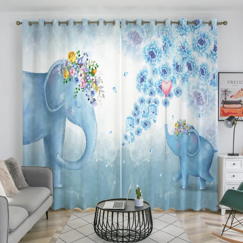 

Blackout Hook Top Cute 3D Blue Elephants Digital Printing Curtains For The Kids bedroom Liviing Room