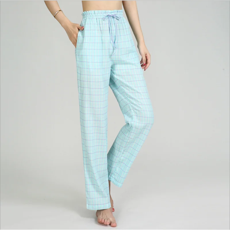 Spring Summer Women 100% Cotton Sleep Bottoms Female Plus Size Home Pants Lounge Wear Trousers Casual Plaid Pajama Pants