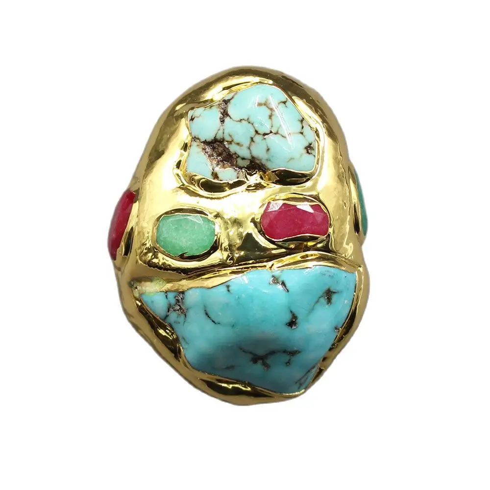 GG Blue Turquoise Multi Color Agate Gold Plated Ring Gold color Electroplated Ring Adjustable