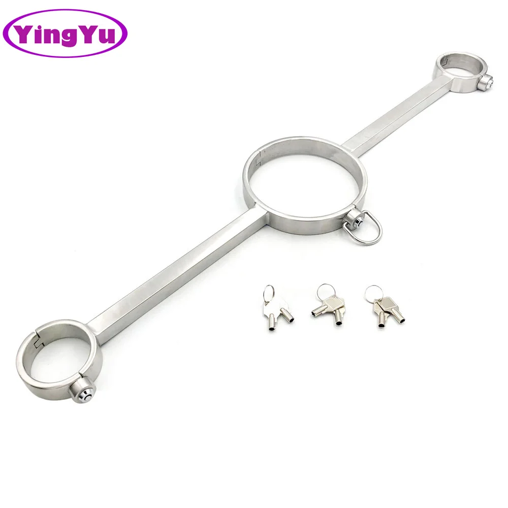 

Press Lock Design Stainless Steel Bondage Yoke Pillory Restraints Handcuffs Wrist Cuffs Neck Collar Adult Sex Toy For Male Femal