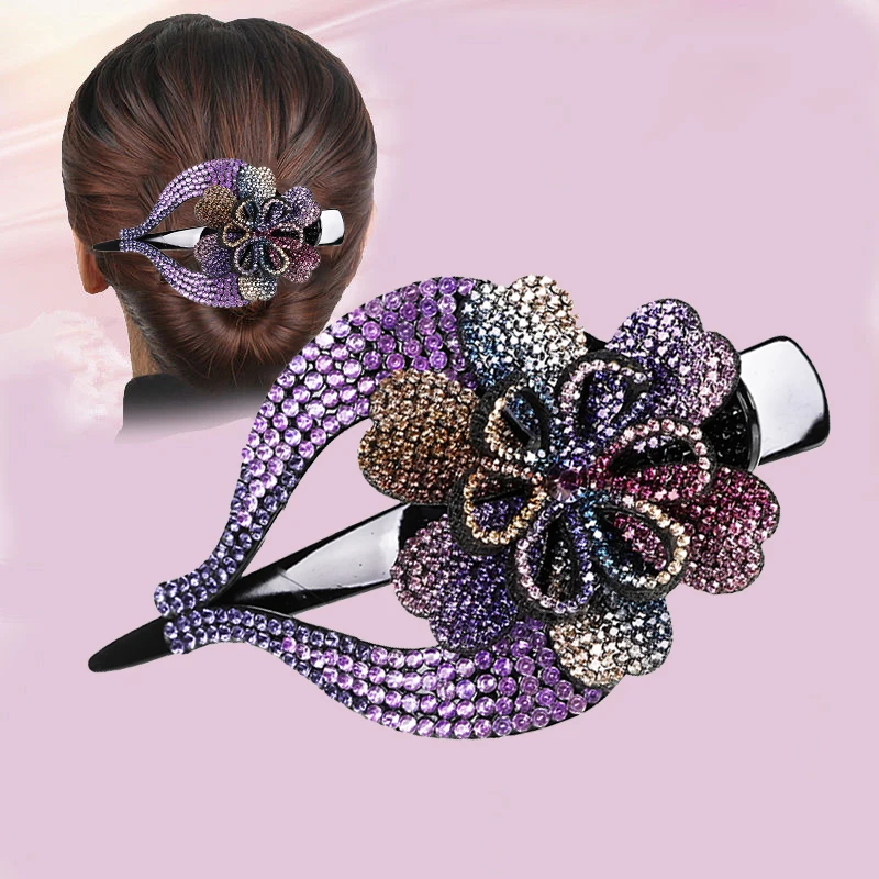 AWAYTR Vintage Double Flower Rhinestone Hairpin Large Hair Clip Hair Accessories for Women Headdress Elegant Clip Ponytail Clip