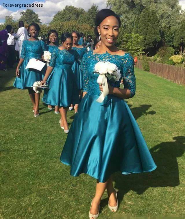 

Vintage Tea Length Country Style Bridesmaid Dress Teal Garden Formal Wedding Party Guest Maid of Honor Gown Plus Size