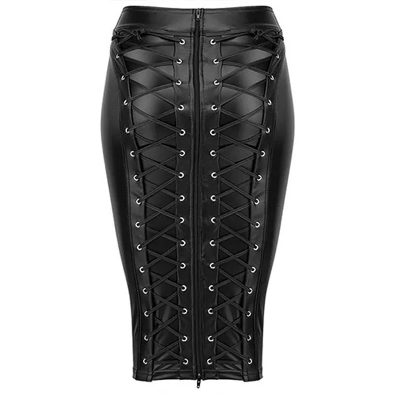 PU Leather Skirt up Zipper Bandage Bodycon Faux Leather Back Lace Womens Ladies Knee Length Wet Look Plus Size Black