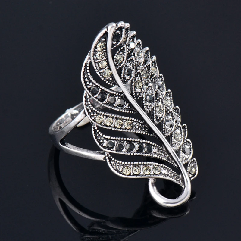 SINLEERY Trend Vintage Black Cubic Zircon Hollow Leaf Big Rings For Women Silver Color Fashion Jewelry