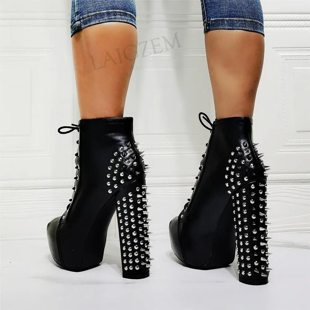 SEIIHEM Women Ankle Platform Boots Studded Chunky High Heels Short Booties Unisex Black Shoes Woman Large Size 36 42 44 50 52