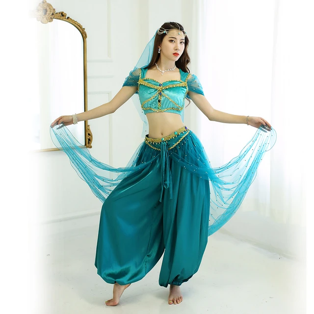 Bollywood Belly Dance Jasmine Costume Aladdin Halloween Outfit Jasmine Princess Costumes Teal For Women Girls Veil Top Pants AliExpress 200000532