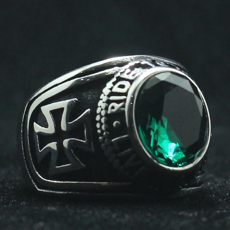 Rider Motorcycle Style Unisex 316L Stainless Steel Cool Ride To Live, Live To Live Cross Green Stone Classic Biker Ring