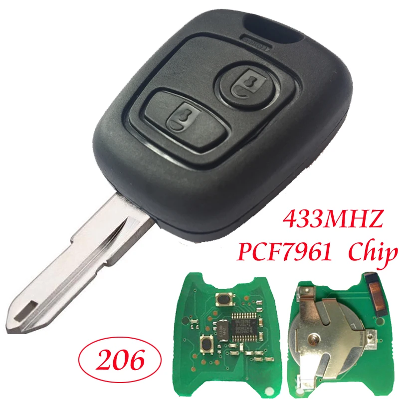 2 buttons 433Mhz Remote Key For PEUGEOT 206 Complete With Transponder PCF7961 Chip NE73 Blade Car key