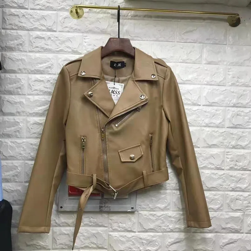 Veste courte en similicuir PU pour femme avec ceinture, veste de motard à manches longues, streetwear slim à revers, rose et jaune, 7 documents, printemps et automne